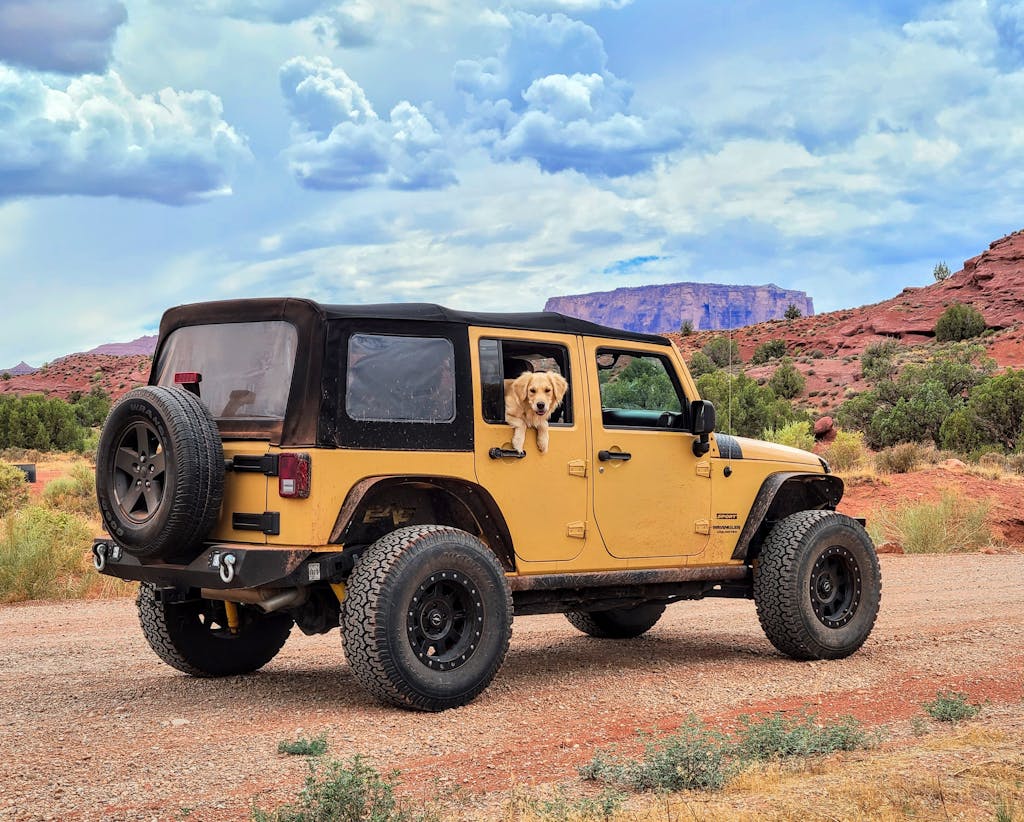 A yellow Jeep with a dog on a dirt road in beautiful Moab, Utah landscape.