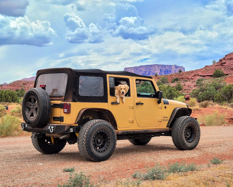 A yellow Jeep with a dog on a dirt road in beautiful Moab, Utah landscape.