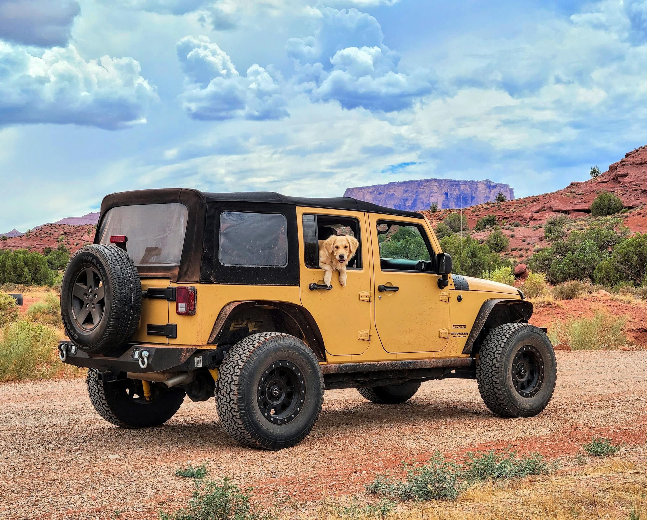 A yellow Jeep with a dog on a dirt road in beautiful Moab, Utah landscape.