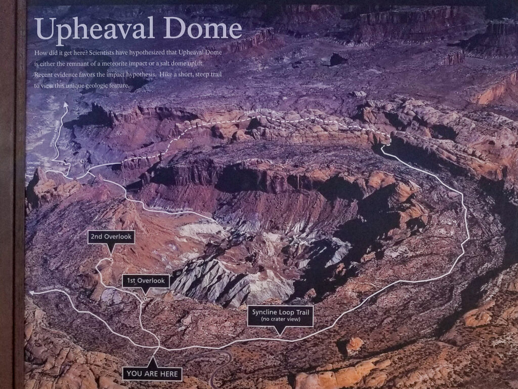 Sign with an aerial view map of Upheaval Dome in Island in the Sky District in Canyonlands National Park