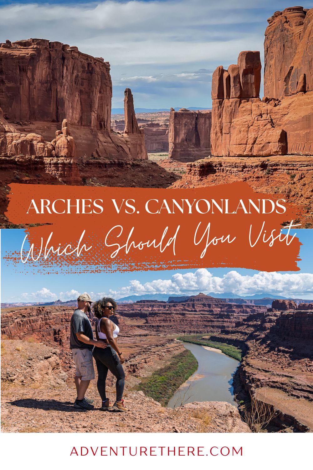 Image asking Arches vs Canyonlands with photo of Arches National Park at the top and Canyonlands at the bottom.