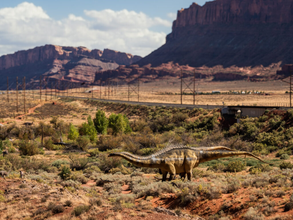 Dinosaur in Moab Giants at the entrance of Highway 313 and Grand View Point Road into Canyonlands Island in the Sky.